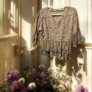 Ruffled and Lacey Camel brown Blouse 100% Polyester. Imported.